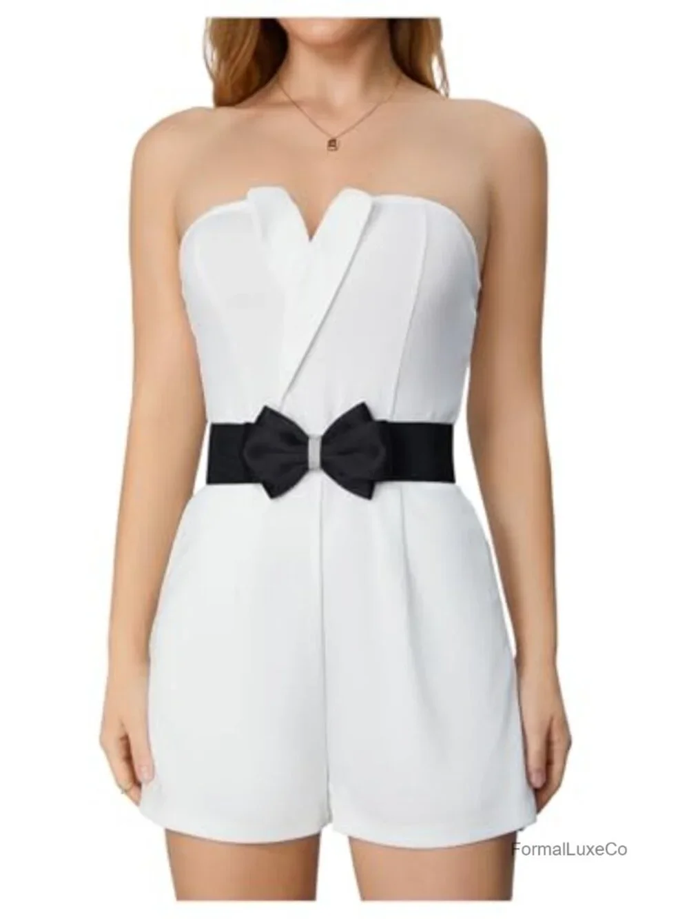 Rhinestone Bow Elastic Wide Belt with Snap Button Closure